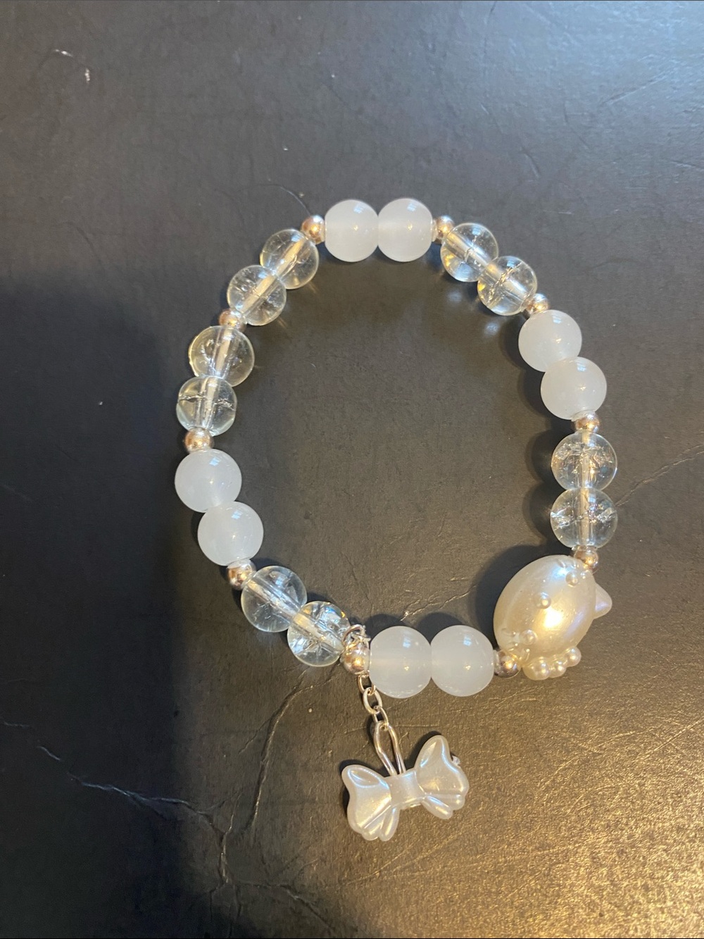 Pearl & Clear Bead Bracelet with Butterfly Charm - White